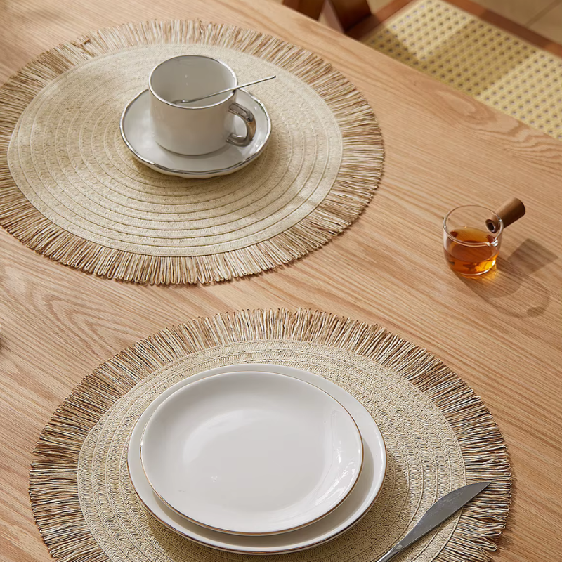Set of 4 Beige Woven Placemats – Natural Straw Detail